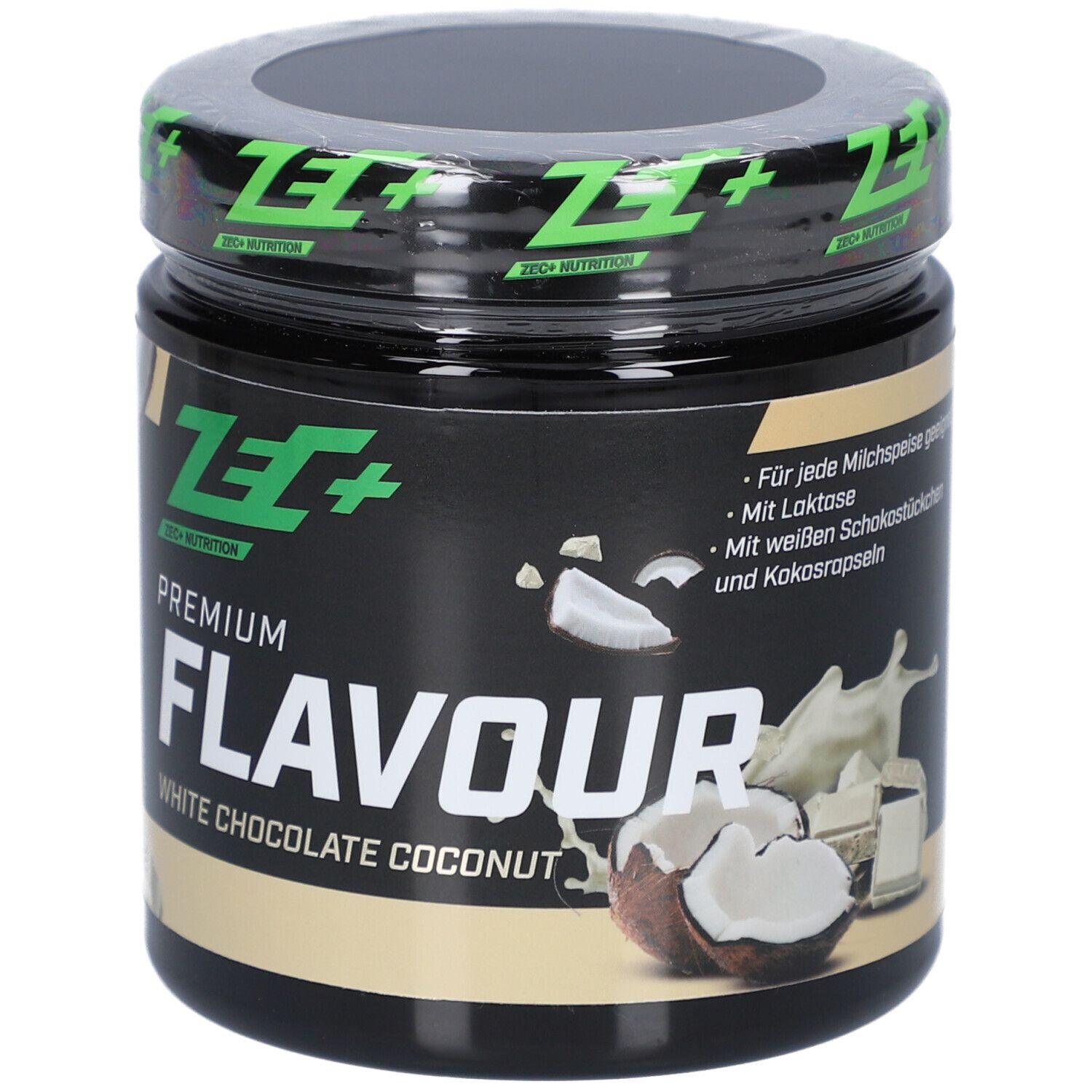 Produktglas mit Deckel. "Premium Flavour" und "White Chocolate Coconut". ZEC+ Logo.