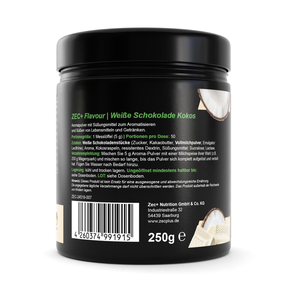 Rückseite des schwarzen Produktglases. Text mit Zutaten und Anwendungshinweisen. 250g.