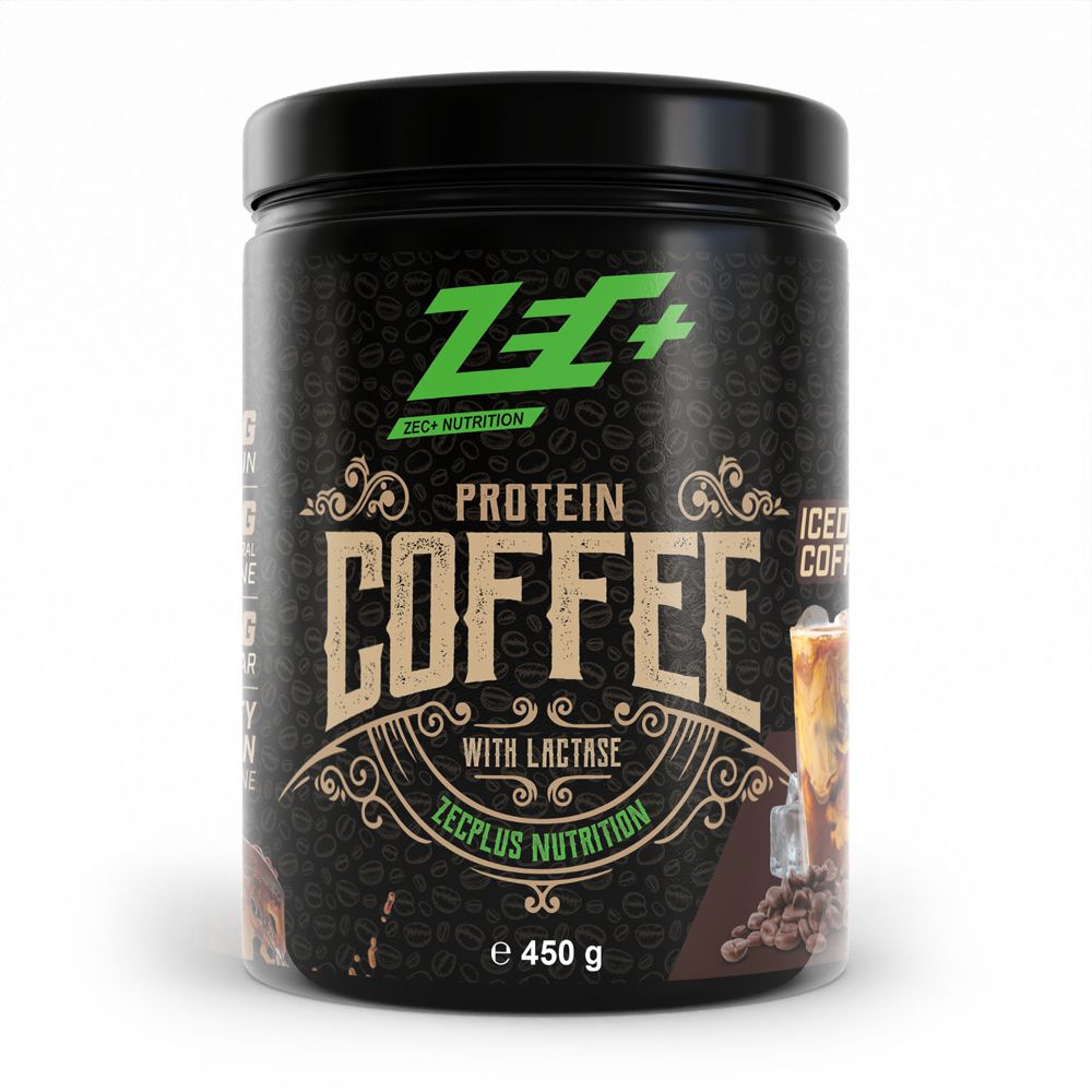 Schwarzer Behälter mit Zec+ Protein Kaffee Aufschrift und Eiskaffee-Abbildung.