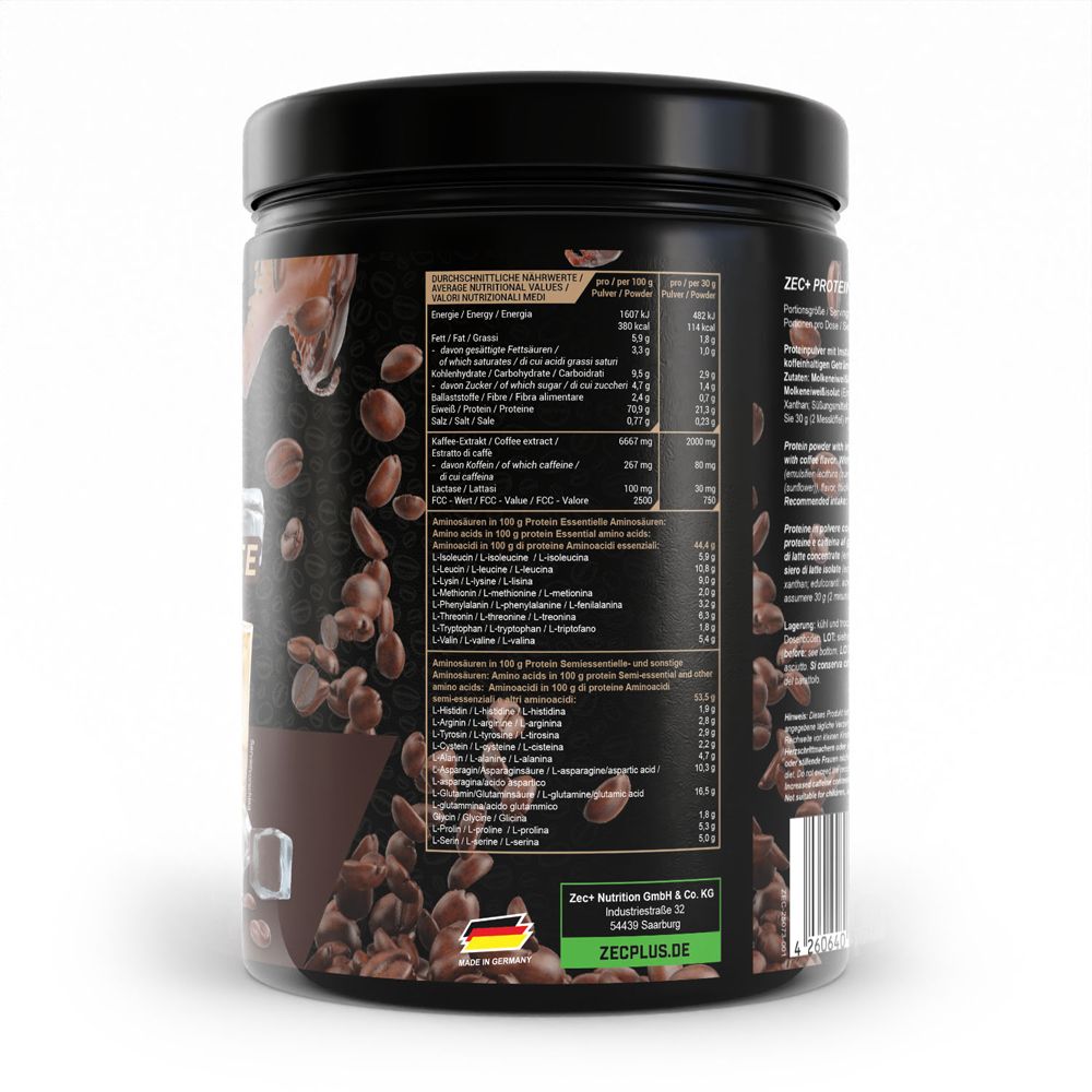Rückseite eines Zec+ Protein Kaffee Behälters mit Nährwertangaben und Inhaltsstoffen.
