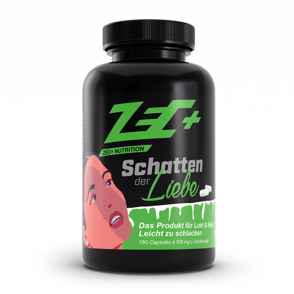 Schwarze Flasche mit grüner Aufschrift ZEC+ und Produktname. Enthält 180 Kapseln. Abbildung einer Frau auf der Vorderseite.