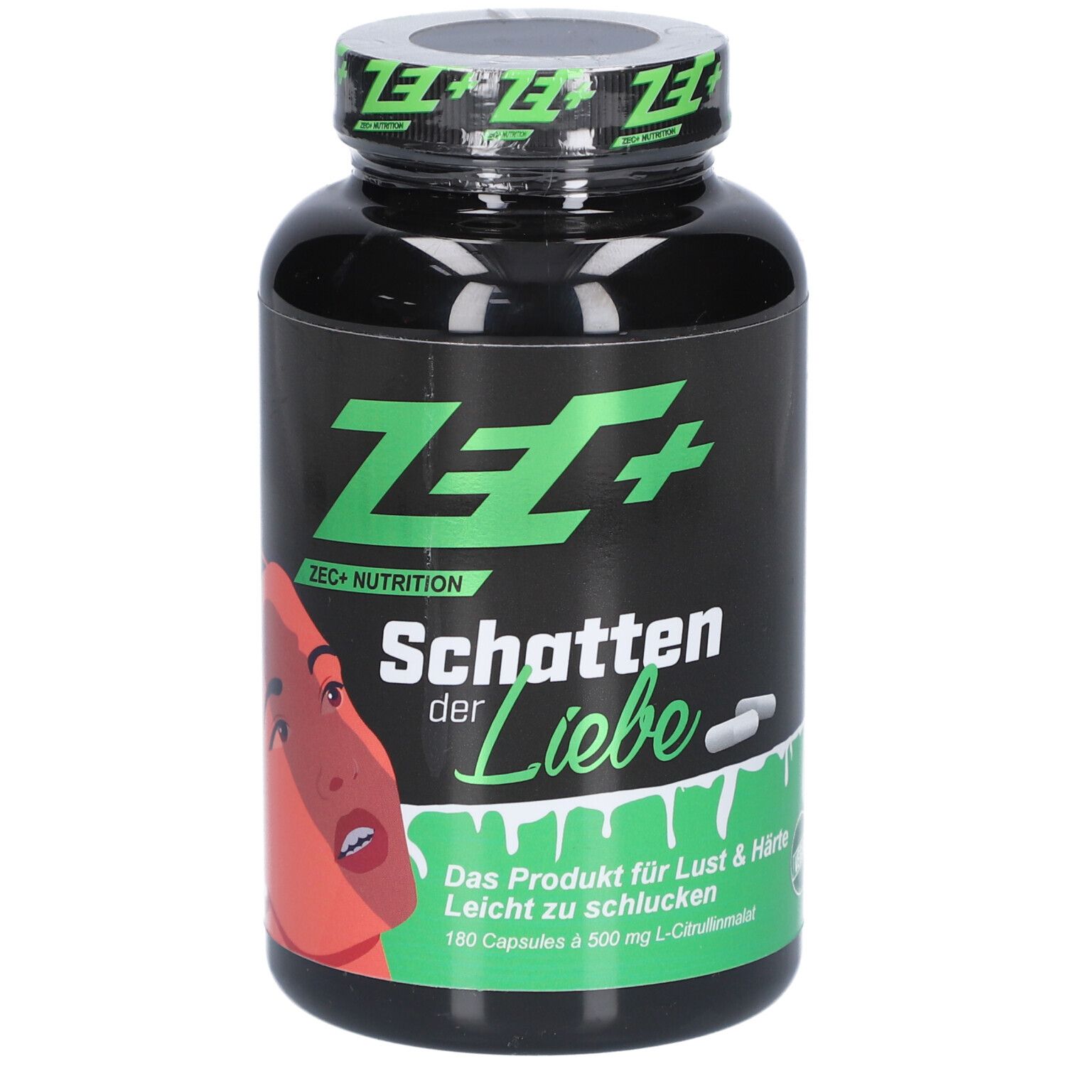 Schwarze Flasche mit grüner Aufschrift ZEC+ und Produktname. Enthält 180 Kapseln. Abbildung einer Frau auf der Vorderseite.