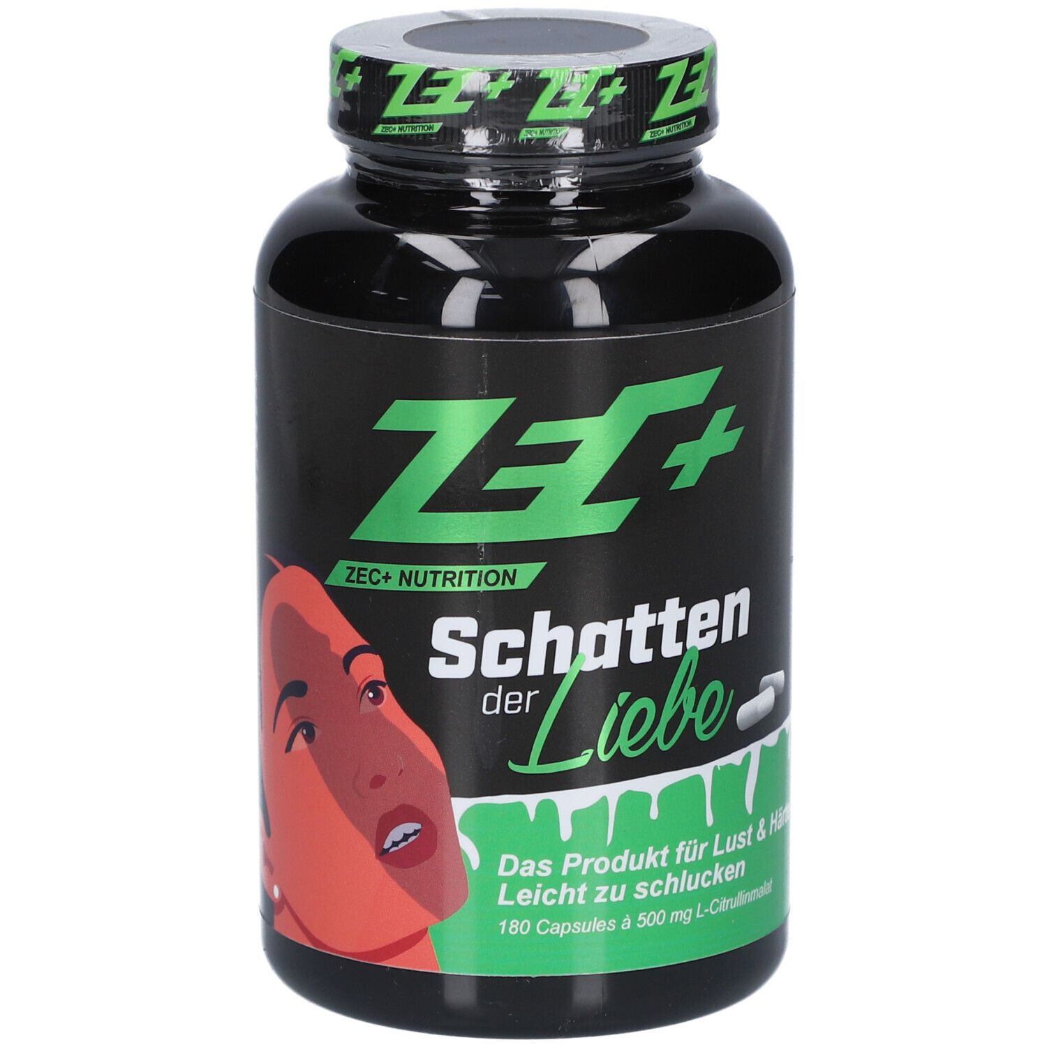 Schwarze Flasche mit grüner Aufschrift ZEC+ und Produktname. Enthält 180 Kapseln. Abbildung einer Frau auf der Vorderseite.