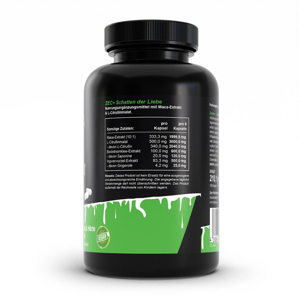 Rückseite der schwarzen Flasche. Enthält Informationen zu Inhaltsstoffen und Nährwerten. Mit Abbildung einer Frau.