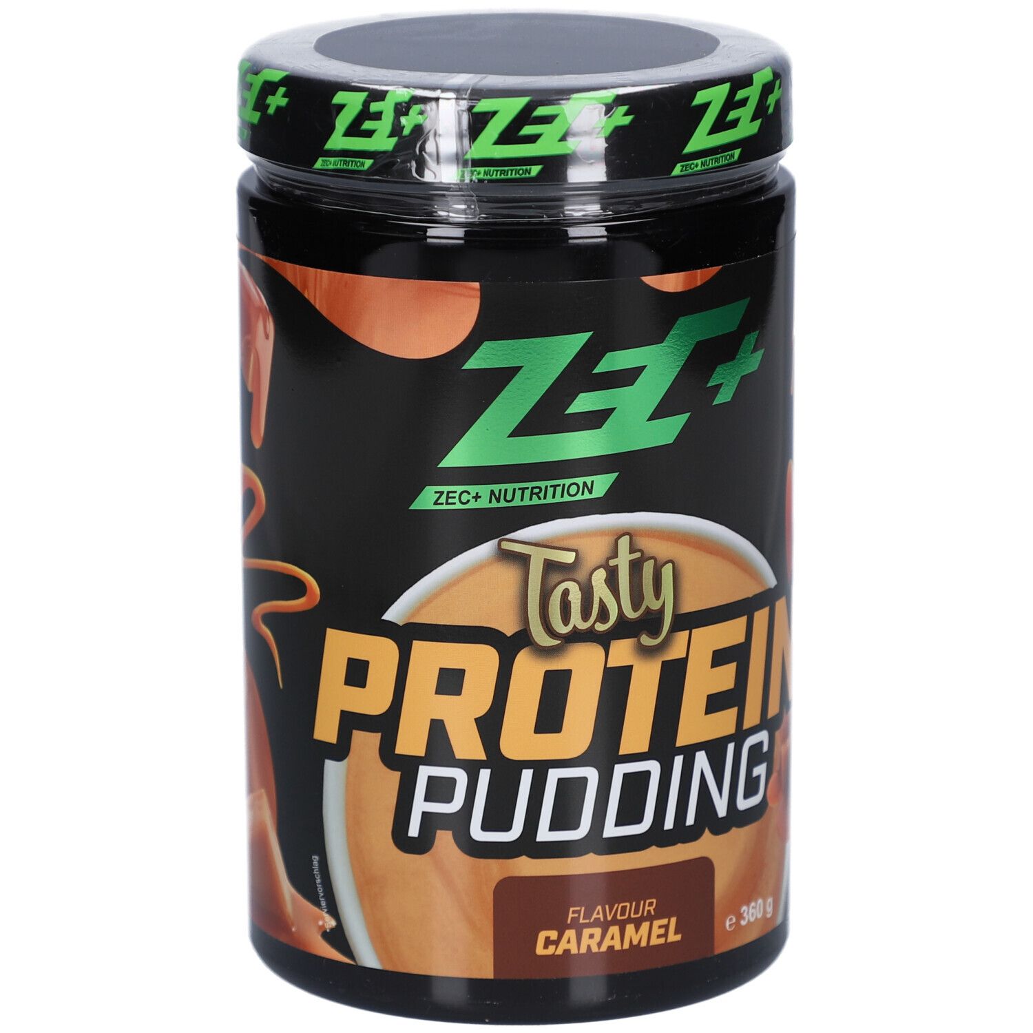Schwarze Dose mit ZEC+ Tasty Protein Pudding, Karamell-Geschmack. Logo und Produktname deutlich sichtbar.