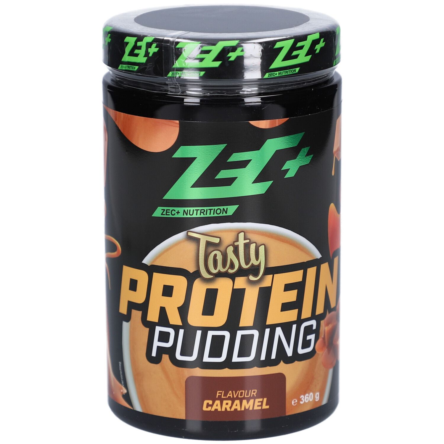 Schwarze Dose mit ZEC+ Tasty Protein Pudding, Karamell-Geschmack. Logo und Produktname deutlich sichtbar.