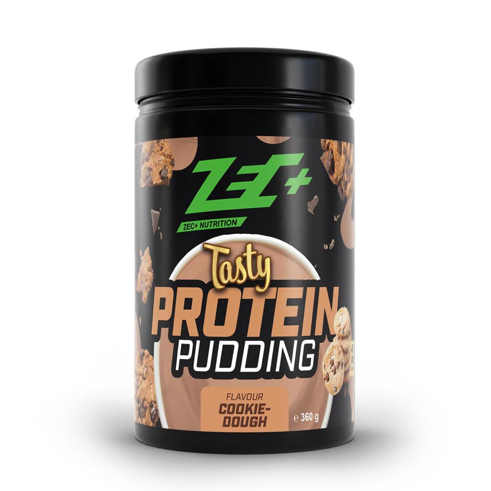Schwarzer Behälter mit ZEC+ Protein Pudding. Aufschrift: Tasty Protein Pudding, Cookie Dough. 360g.