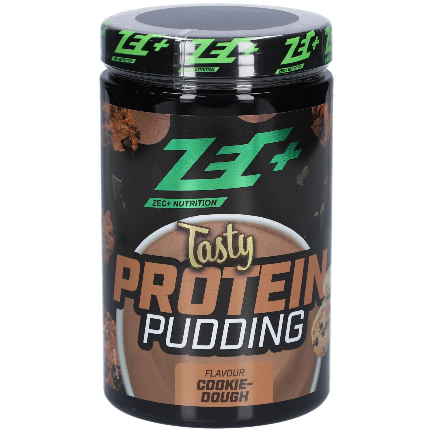 Schwarzer Behälter mit ZEC+ Protein Pudding. Aufschrift: Tasty Protein Pudding, Cookie Dough. Deckel grün.