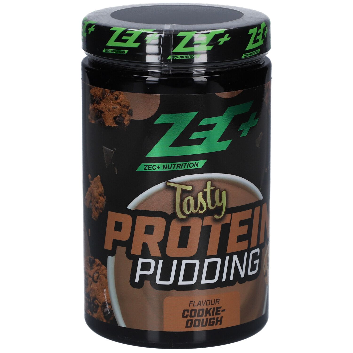 Schwarzer Behälter mit ZEC+ Protein Pudding. Aufschrift: Tasty Protein Pudding, Cookie Dough. Deckel grün.
