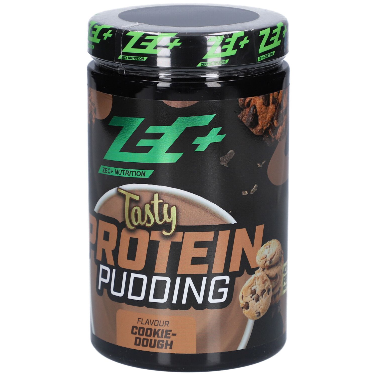 Schwarzer Behälter mit ZEC+ Protein Pudding. Aufschrift: Tasty Protein Pudding, Cookie Dough. Deckel grün.
