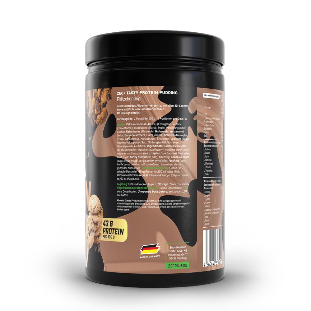 Rückseite des schwarzen Behälters. Text: ZEC+ Tasty Protein Pudding. 43g Protein pro 100g. Hergestellt in Deutschland.