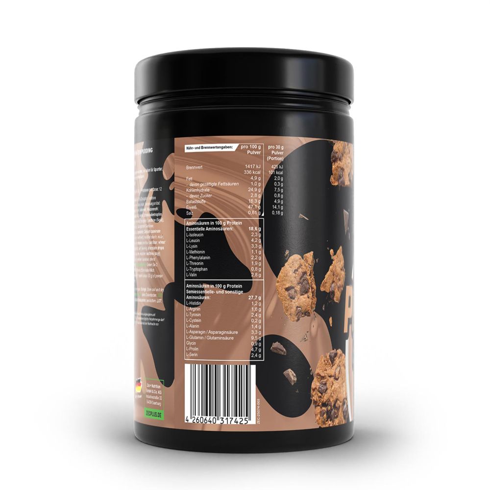 Rückseite des schwarzen Behälters. Nährwertangaben und Zutatenliste. Barcode. Hergestellt in Deutschland.