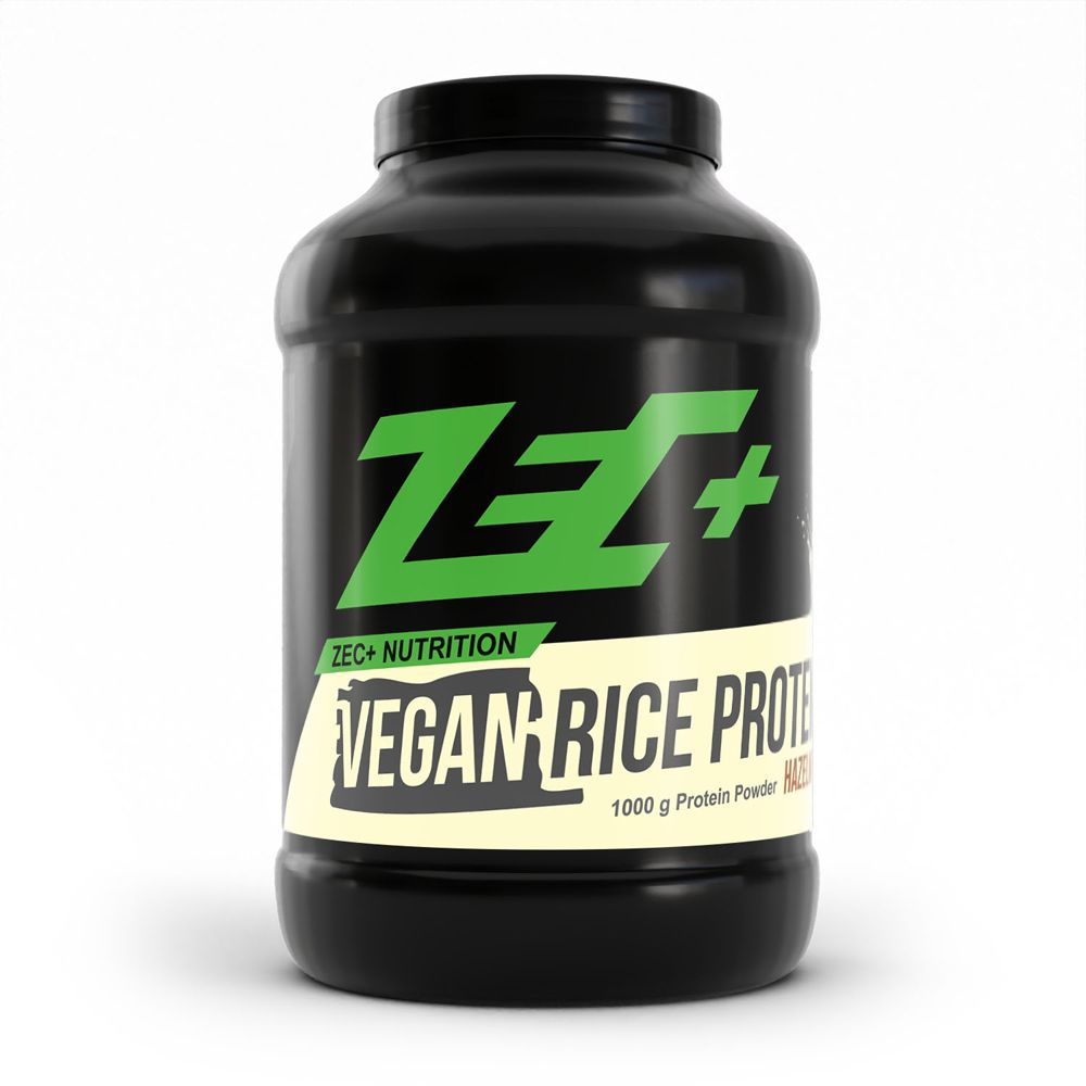 Schwarze Dose mit grünem ZEC+ Logo und Aufschrift VEGAN RICE PROTEIN. 1000 g Protein Powder.
