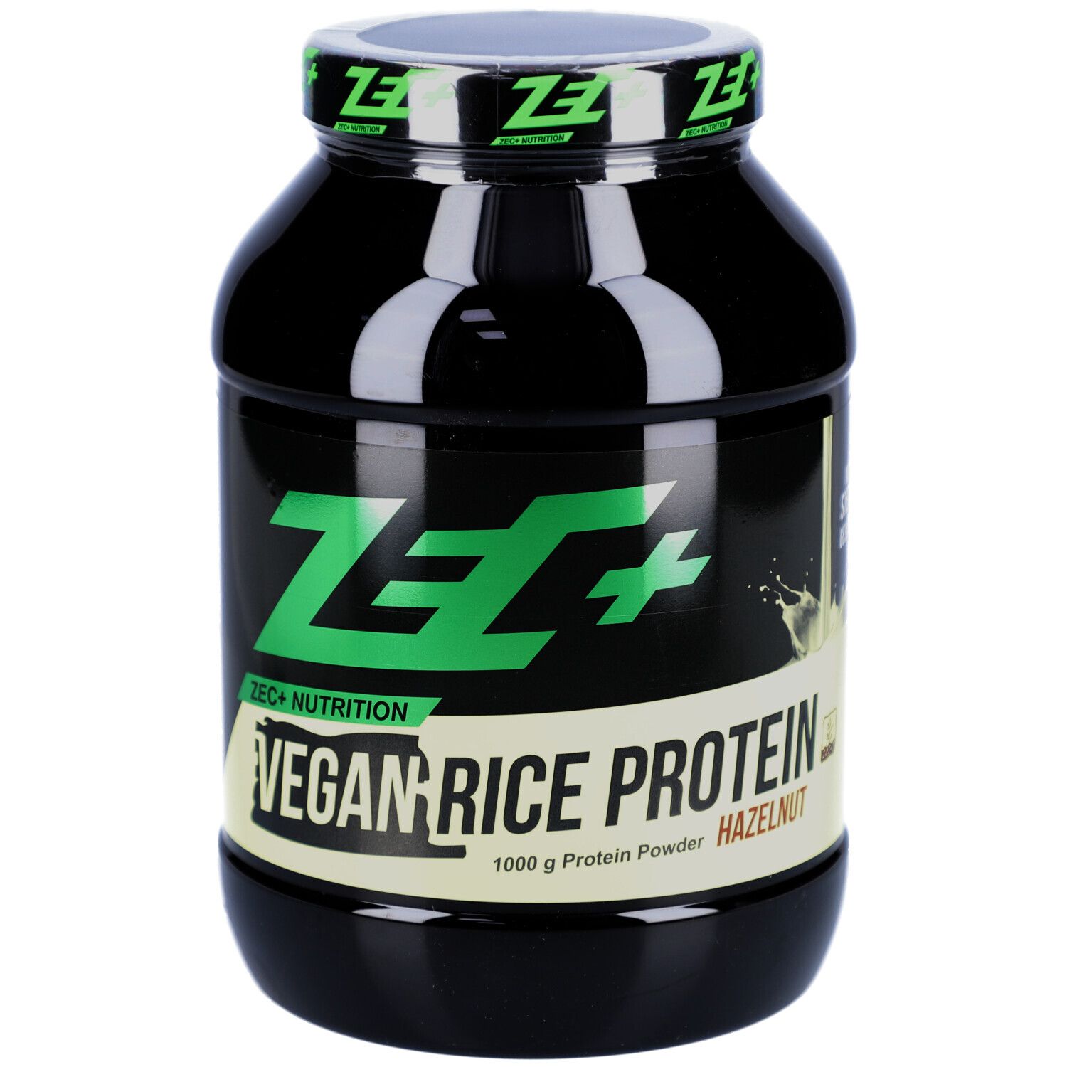 Schwarze Dose mit grünem ZEC+ Logo und Aufschrift VEGAN RICE PROTEIN. 1000 g Protein Powder.