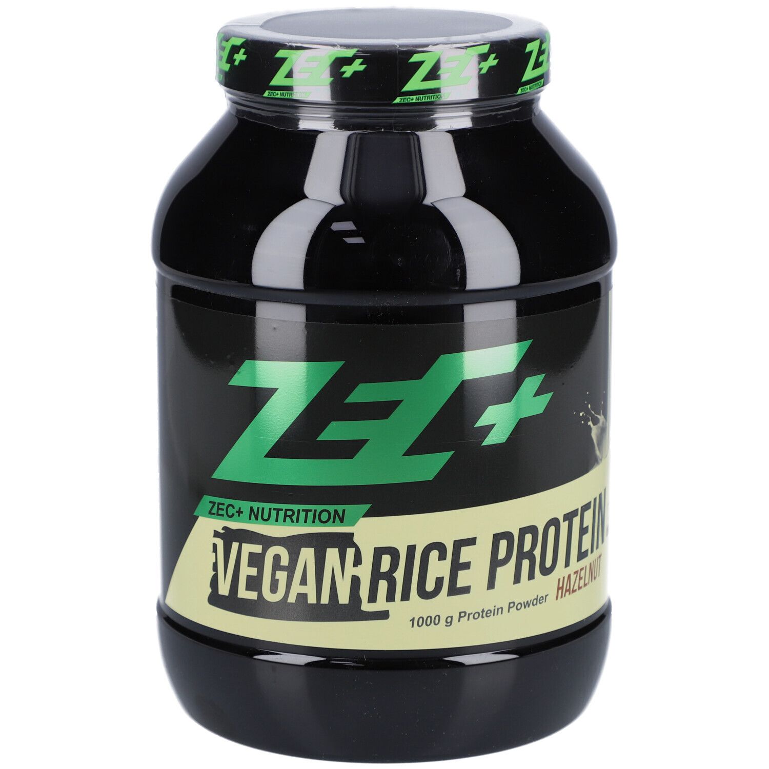 Schwarze Dose mit grünem ZEC+ Logo und Aufschrift VEGAN RICE PROTEIN. 1000 g Protein Powder.