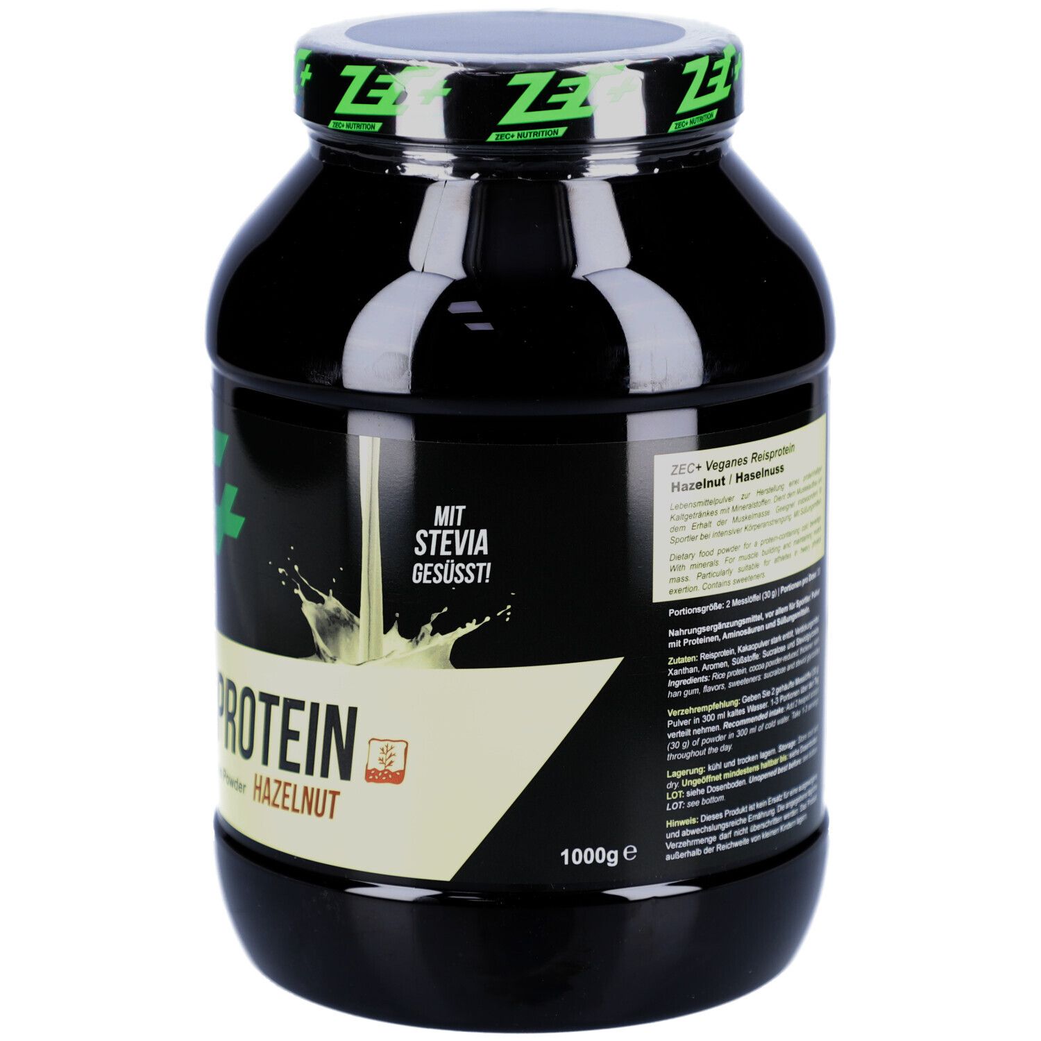 Rückseite der schwarzen Dose. Text mit Nährwertangaben und Zutaten. Mit Stevia. 1000g.