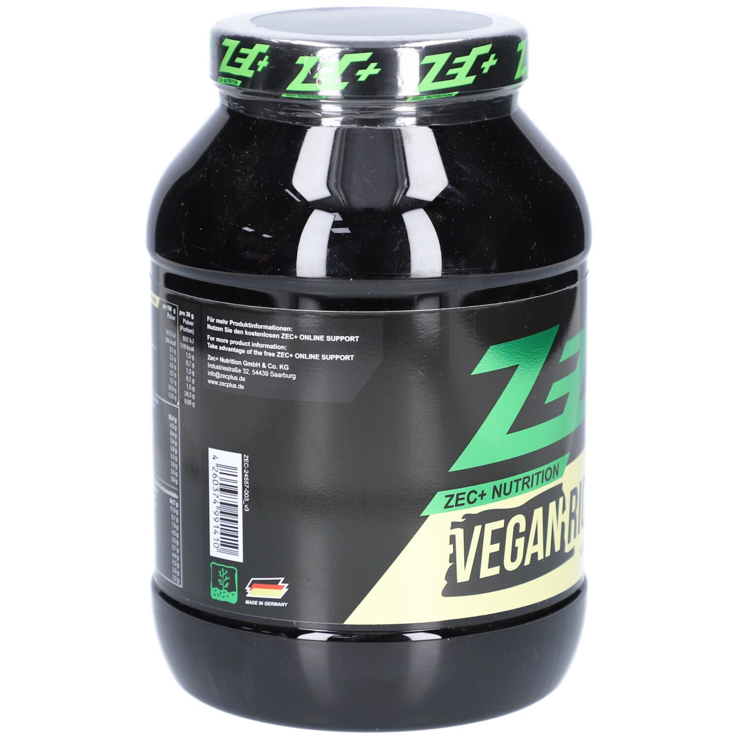 Schwarze Dose mit grünem Deckel. Aufschrift: ZEC+ VEGAN RICE PROTEIN. Rückseite mit Informationen und Barcode.