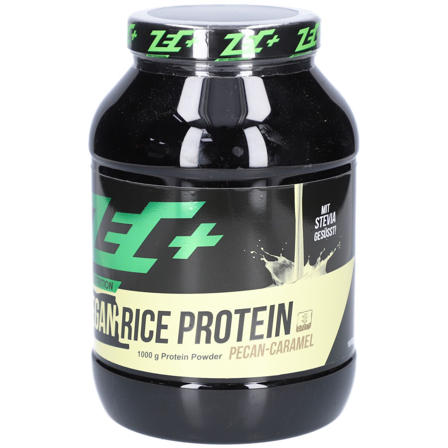 Schwarze Dose mit grünem Deckel. Aufschrift: ZEC+ VEGAN RICE PROTEIN, 1000 g Protein Powder, Pecan-Caramel. Mit Stevia.