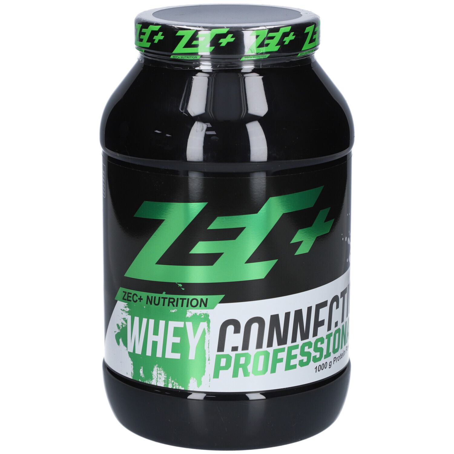 Schwarze Dose mit grünem Etikett. Aufschrift: ZEC+ Nutrition, Whey Connection Professional, 1000 g Protein Powder.