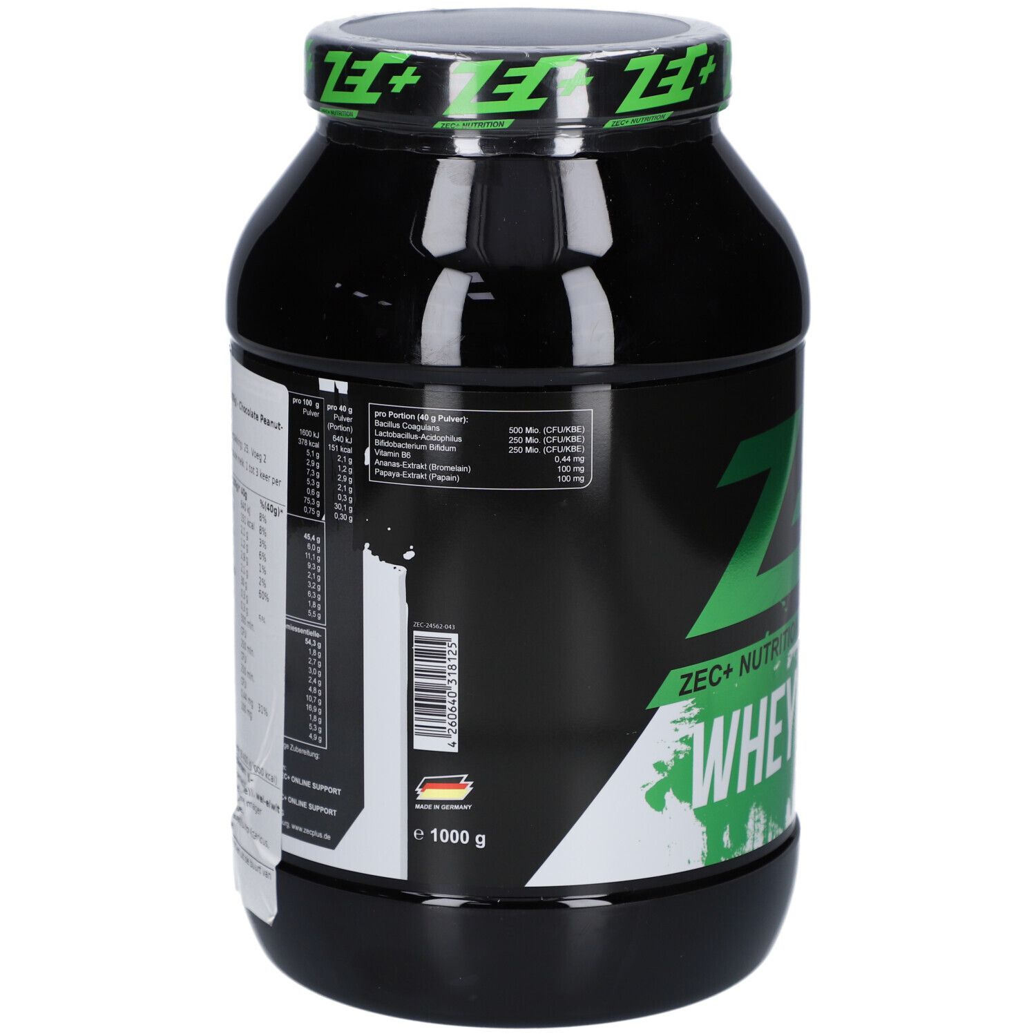 Schwarze Dose, Rückseite mit Nährwertangaben und Barcode. Aufschrift: ZEC+ Nutrition, 1000 g.