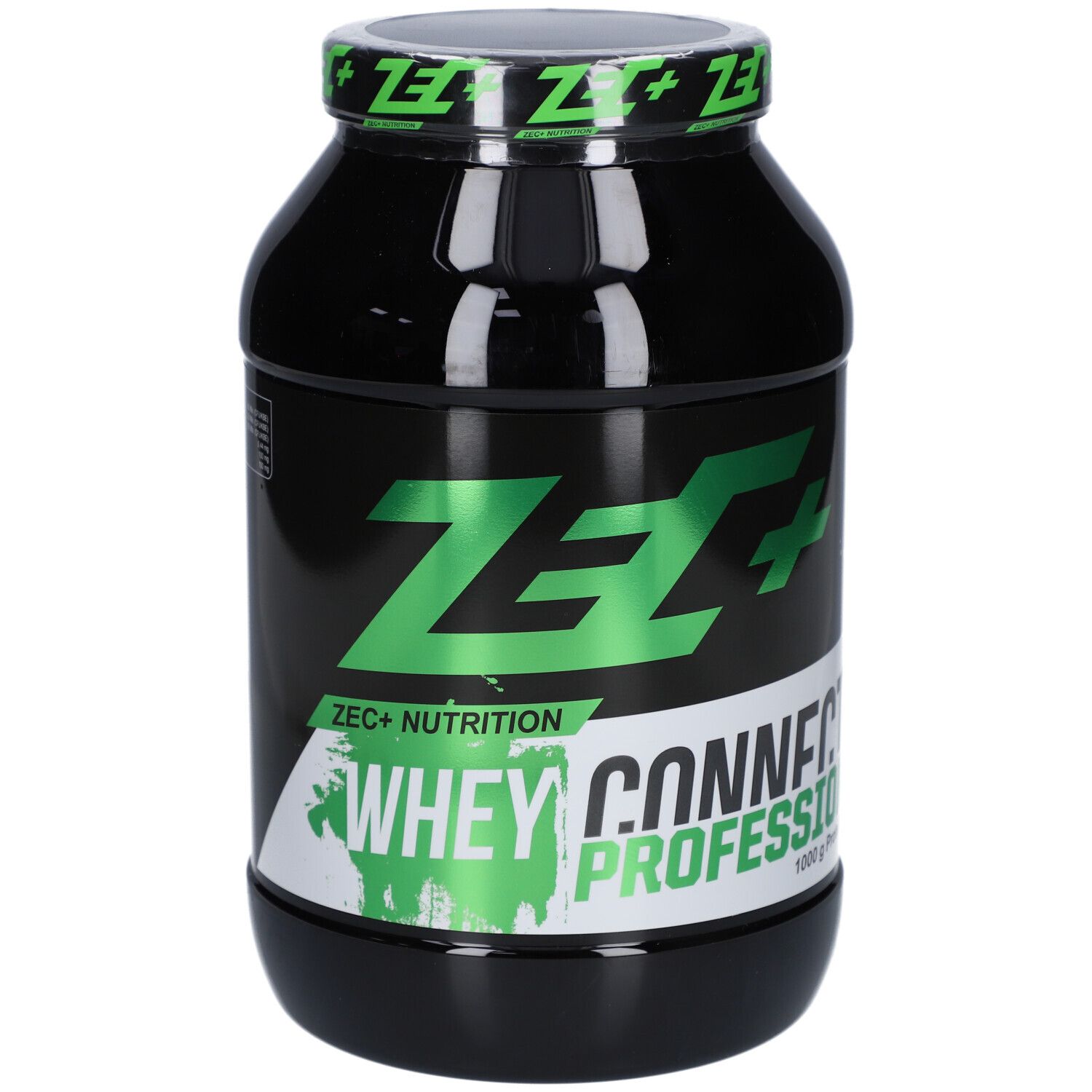 Schwarze Dose mit grünem Deckel. Aufschrift: ZEC+ Nutrition, Whey Connection Professional, 1000g.