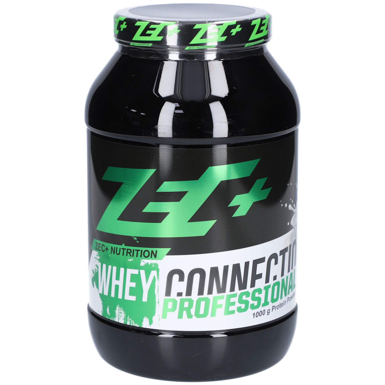Schwarze Dose mit grünem ZEC+ Logo und Schriftzug Whey Connection Professional. Deckel mit grünem ZEC+ Schriftzug.