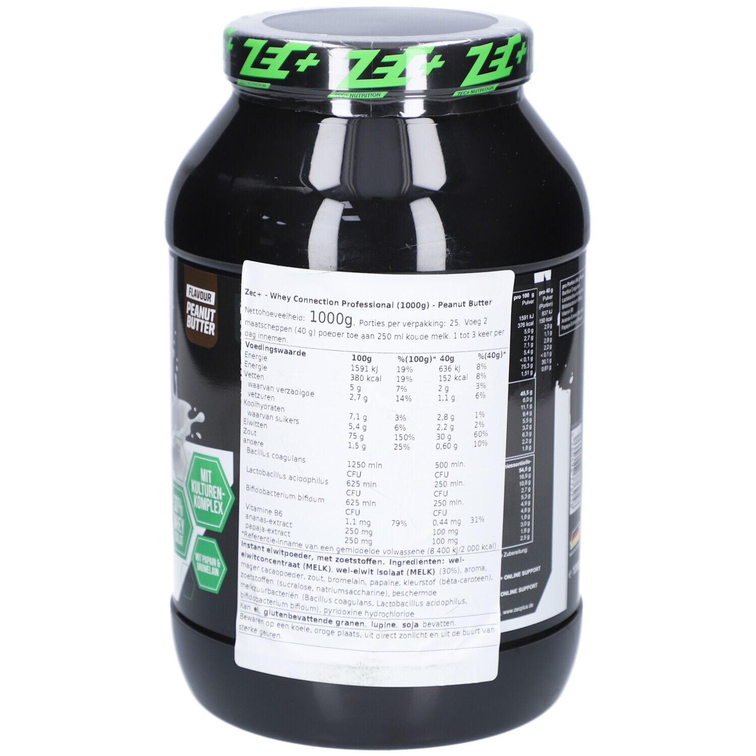 Schwarze Dose mit grünem Deckel. Aufschrift: ZEC+ Whey Connection Professional. Peanut Butter. 1000g.
