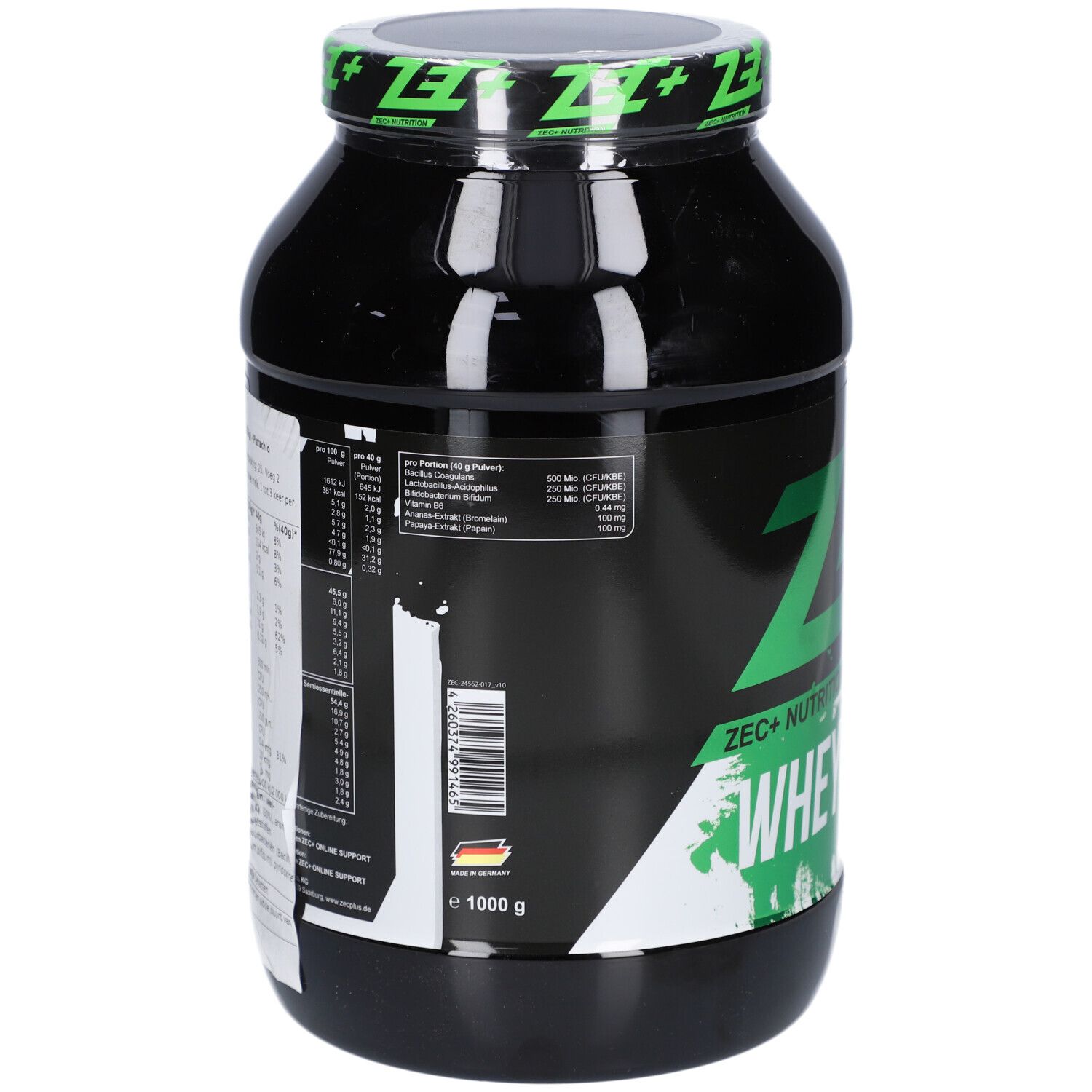 Schwarze Dose mit grünem Deckel. Rückseite mit Nährwertangaben und Barcode. Aufschrift: ZEC+ Nutrition.