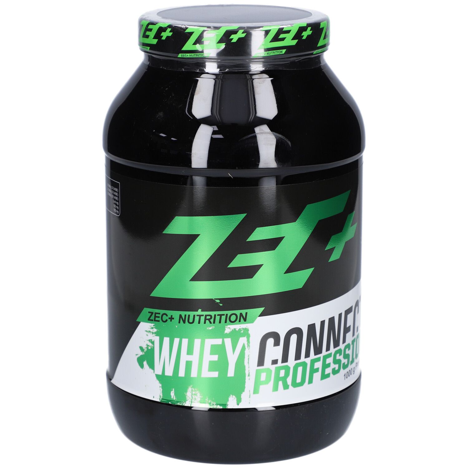 Schwarze Dose mit grünem Deckel und Logo. Aufschrift: ZEC+ Nutrition Whey Connect Professional 1000g.
