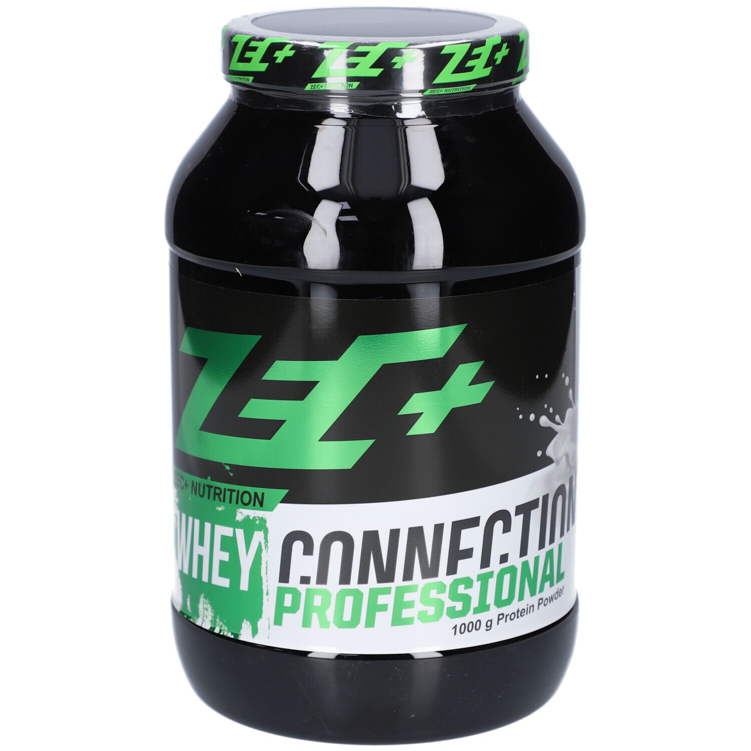 Schwarze Dose mit grünem Deckel und Logo. Aufschrift: ZEC+ Nutrition Whey Connect Professional 1000 g Protein Powder.