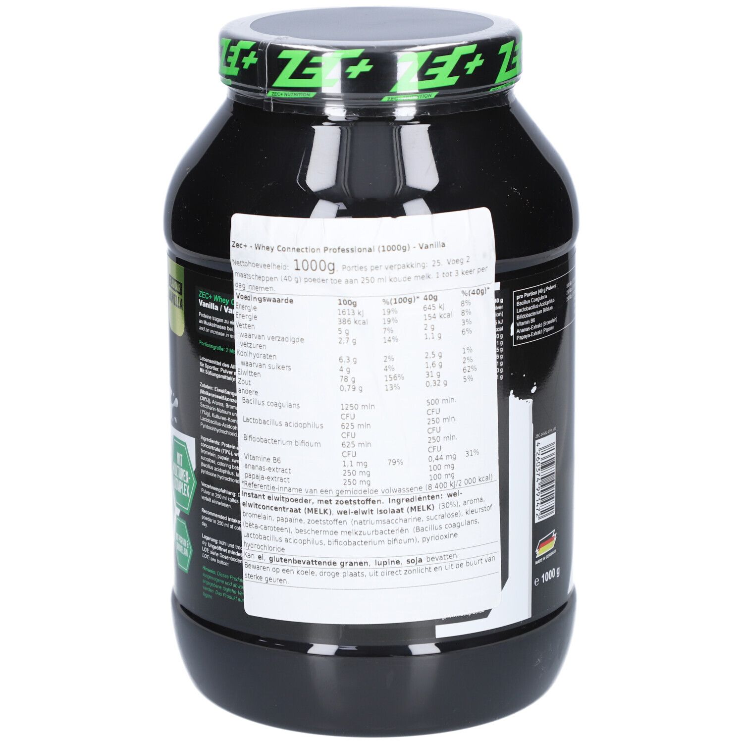 Schwarze Dose mit Nährwertangaben und Zutatenliste. 1000g Inhalt. Hergestellt in Deutschland. Text in Deutsch und Niederländisch.