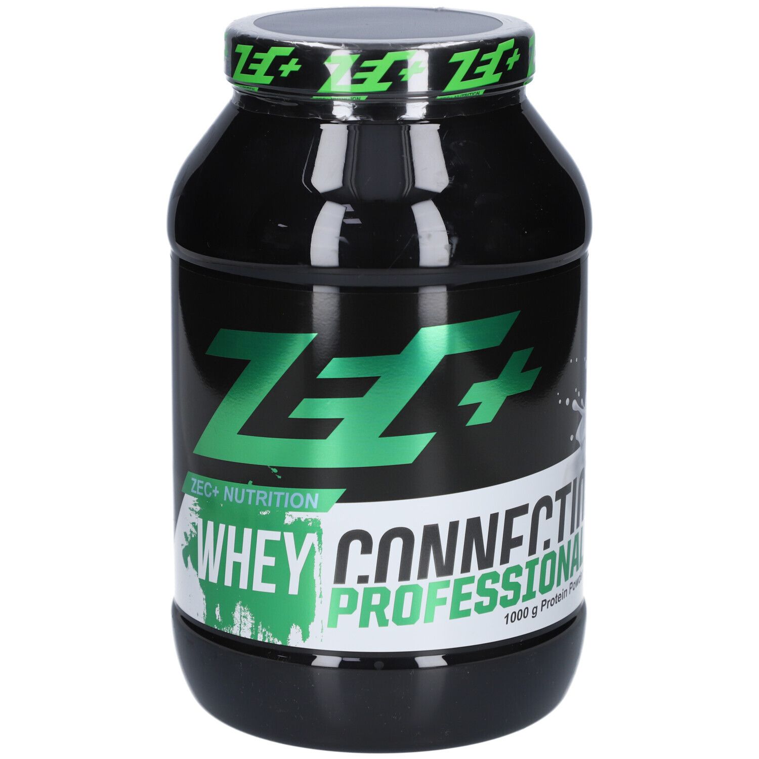 Schwarze Dose mit grünem ZEC+ Logo und Schriftzug WHEY CONNECTION PROFESSIONAL. 1000 g Protein Powder.