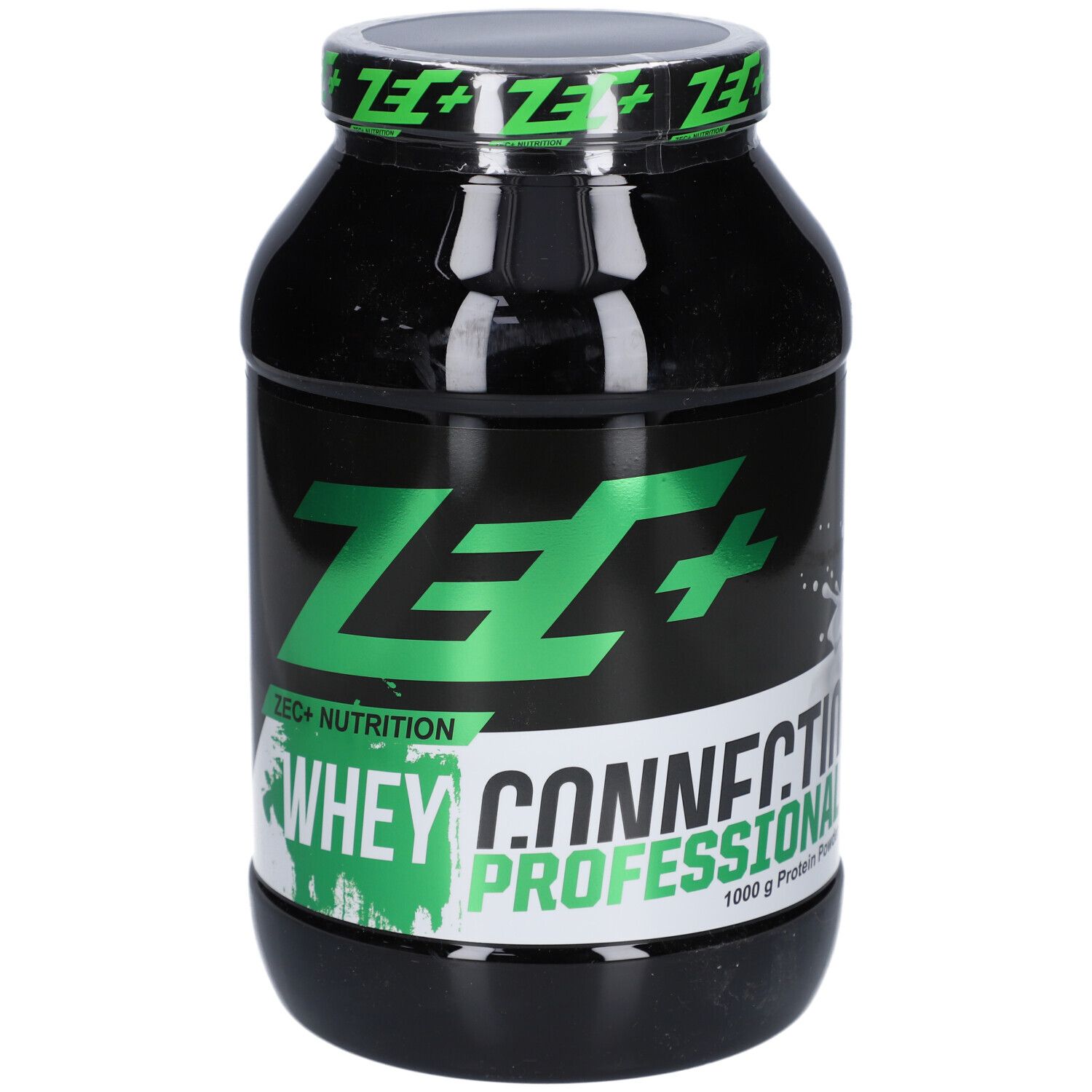 Schwarze Dose mit grünem ZEC+ Logo und Schriftzug Whey Connection Professional. 1000g Protein.