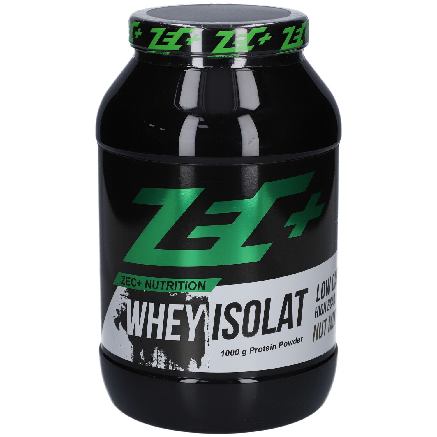 Schwarzer Behälter mit grünem Deckel. Aufschrift: ZEC+ WHEY ISOLAT, 1000 g Protein Powder, Nut Mix.