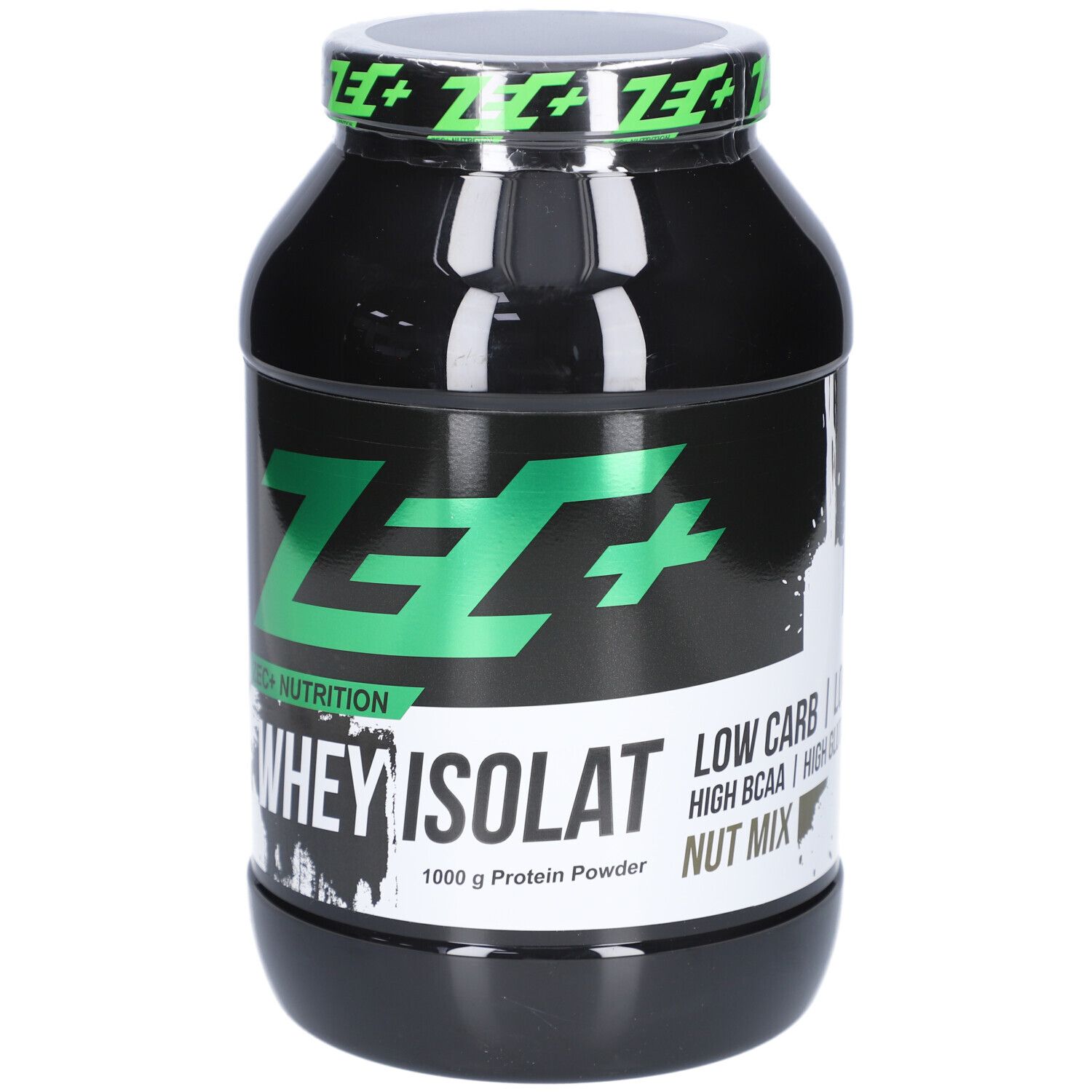 Schwarzer Behälter mit grünem Deckel. Aufschrift: ZEC+ WHEY ISOLAT, 1000 g Protein Powder, Nut Mix.