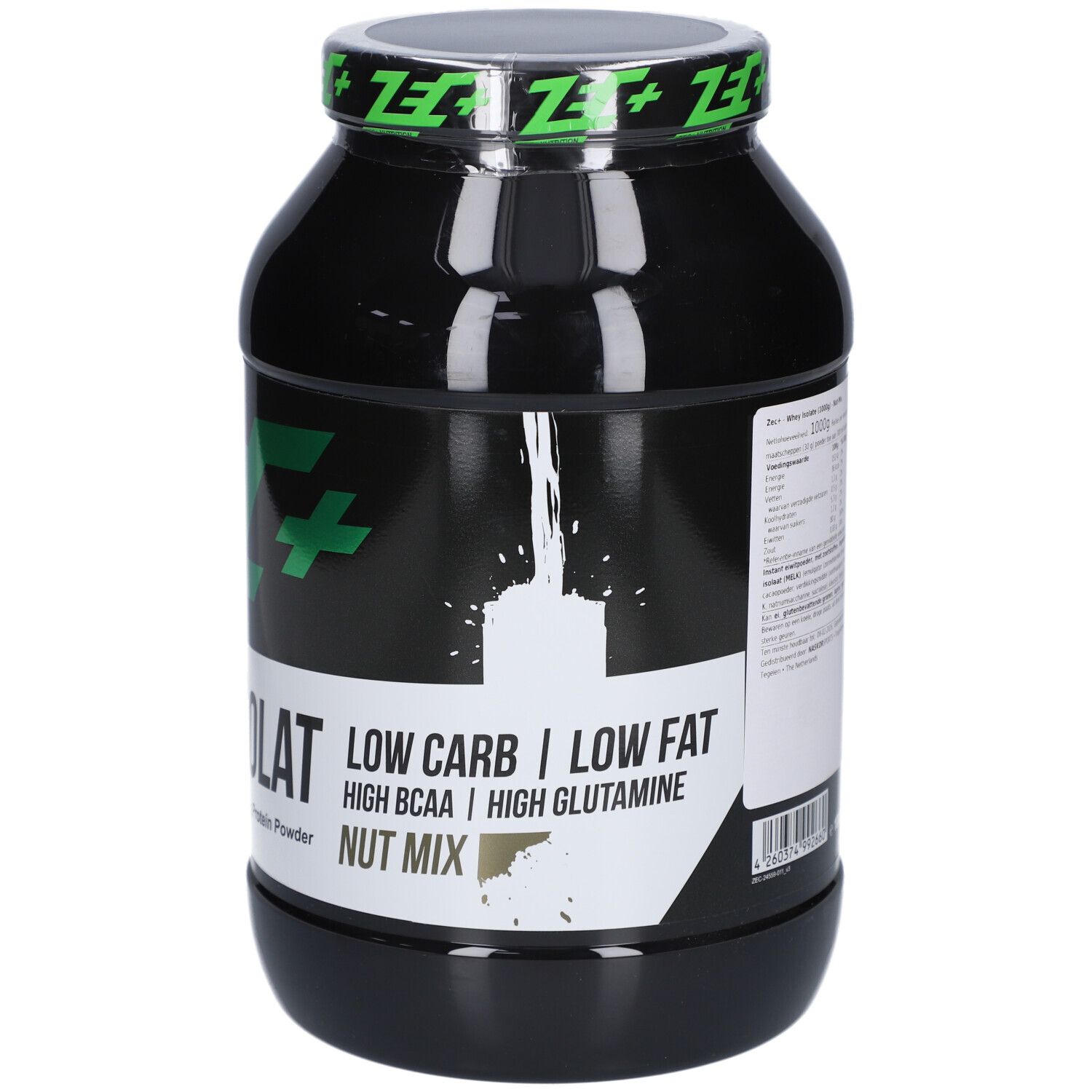 Schwarzer Behälter mit grünem Deckel. Aufschrift: ZEC+ WHEY ISOLAT, 1000 g Protein Powder, Nut Mix.