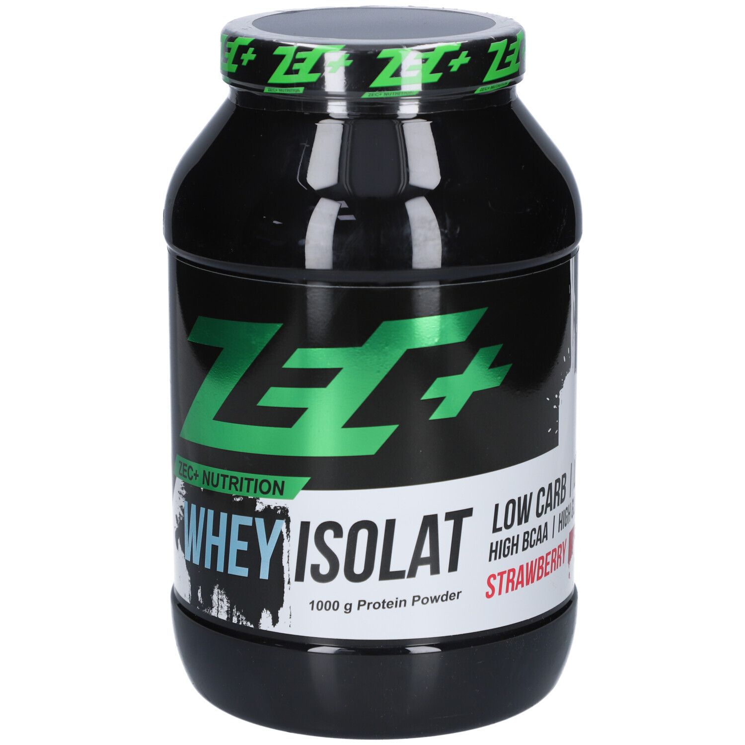 Schwarze Dose mit grünem Deckel. Aufschrift: ZEC+ Nutrition, Whey Isolat, Low Carb, High BCAA, Erdbeere. 1000 g Protein Powder.