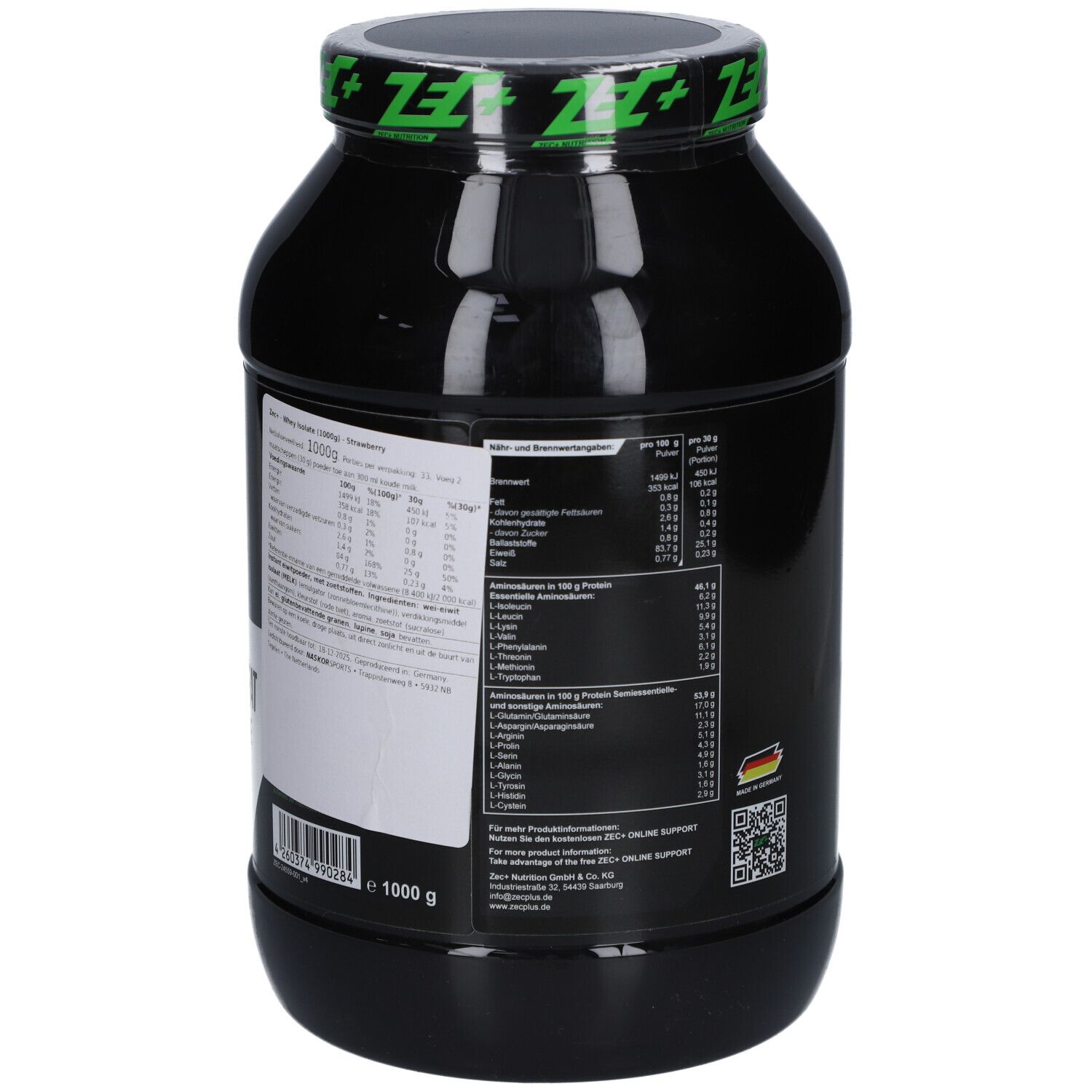 Rückseite einer schwarzen Dose mit grünem Deckel. Enthält Nährwertangaben und Informationen zum Hersteller.