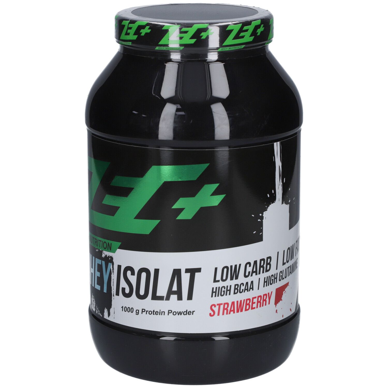 Schwarze Dose mit grünem Deckel. Aufschrift: ZEC+ Nutrition, Whey Isolat, Low Carb, High BCAA, Erdbeere. 1000 g Protein Powder.