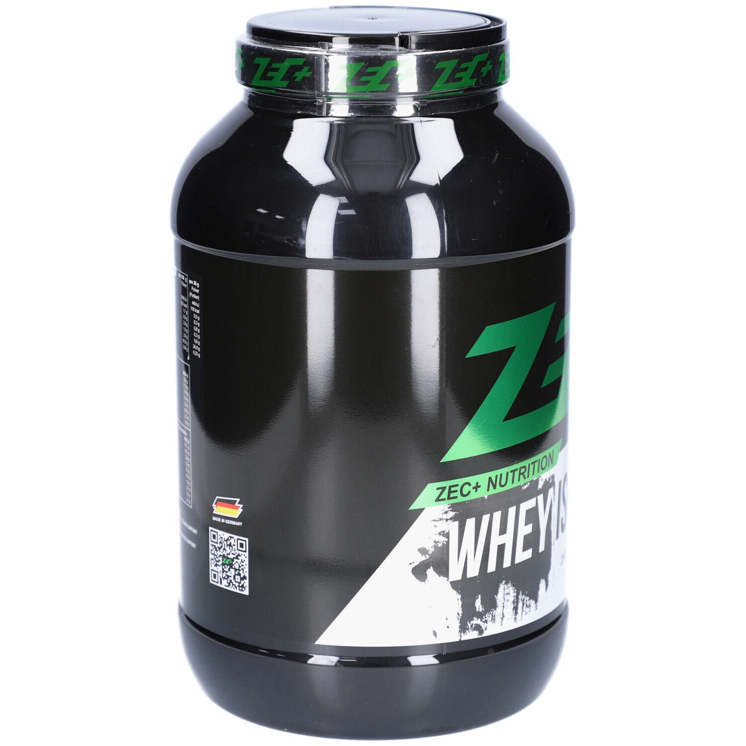 Schwarze Dose mit grünem Deckel. Aufschrift: ZEC+ WHEY ISOLAT. Mit QR-Code und Deutschland-Flagge.