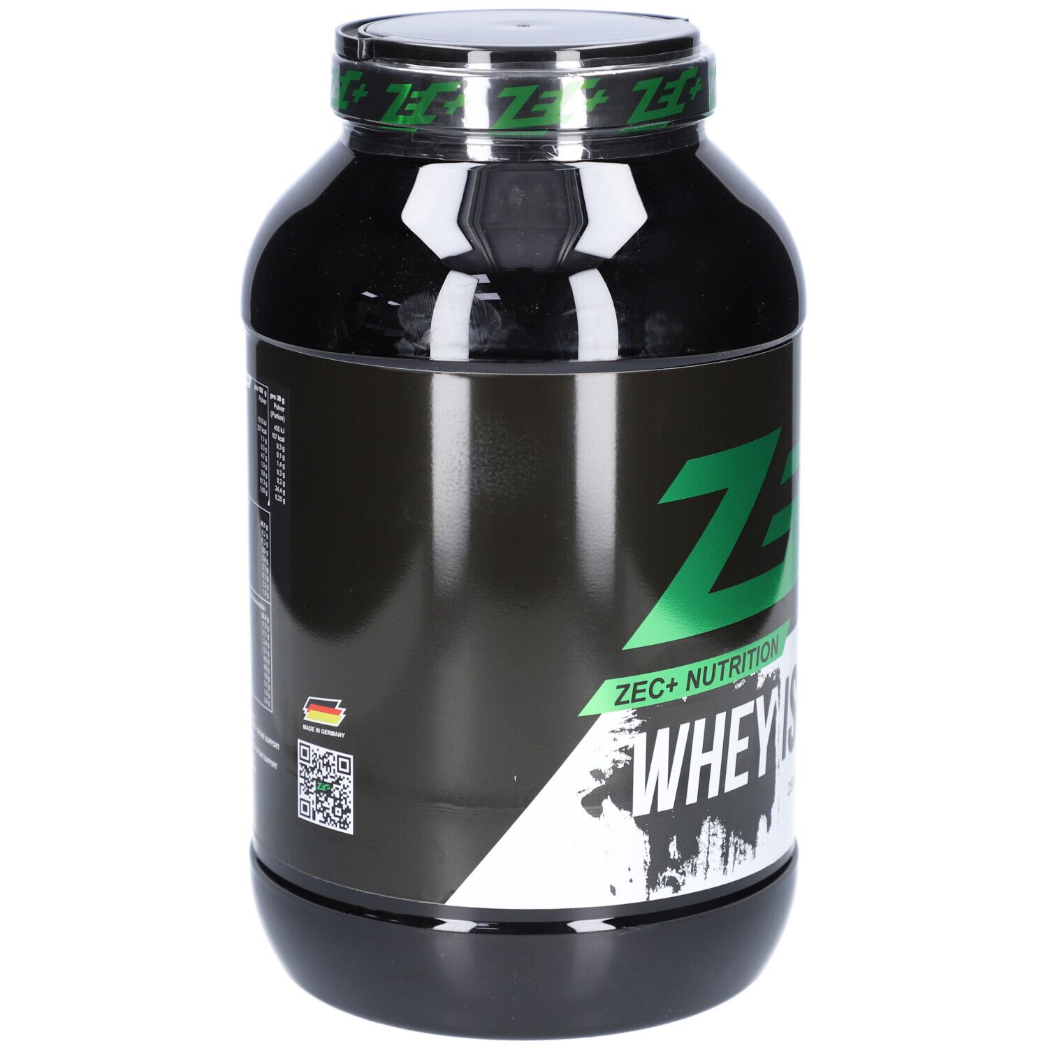 Schwarze Dose mit grünem ZEC+ Logo und Aufschrift Whey Isolat. Mit QR-Code und deutscher Flagge.