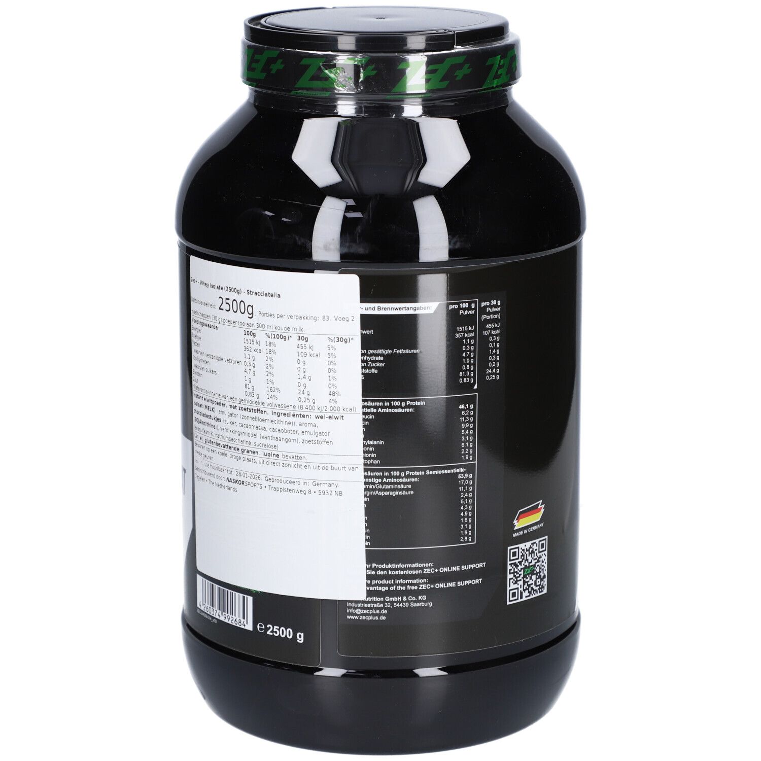 Rückseite der schwarzen Dose mit Nährwertangaben und QR-Code. 2500g. Mit deutscher Flagge.