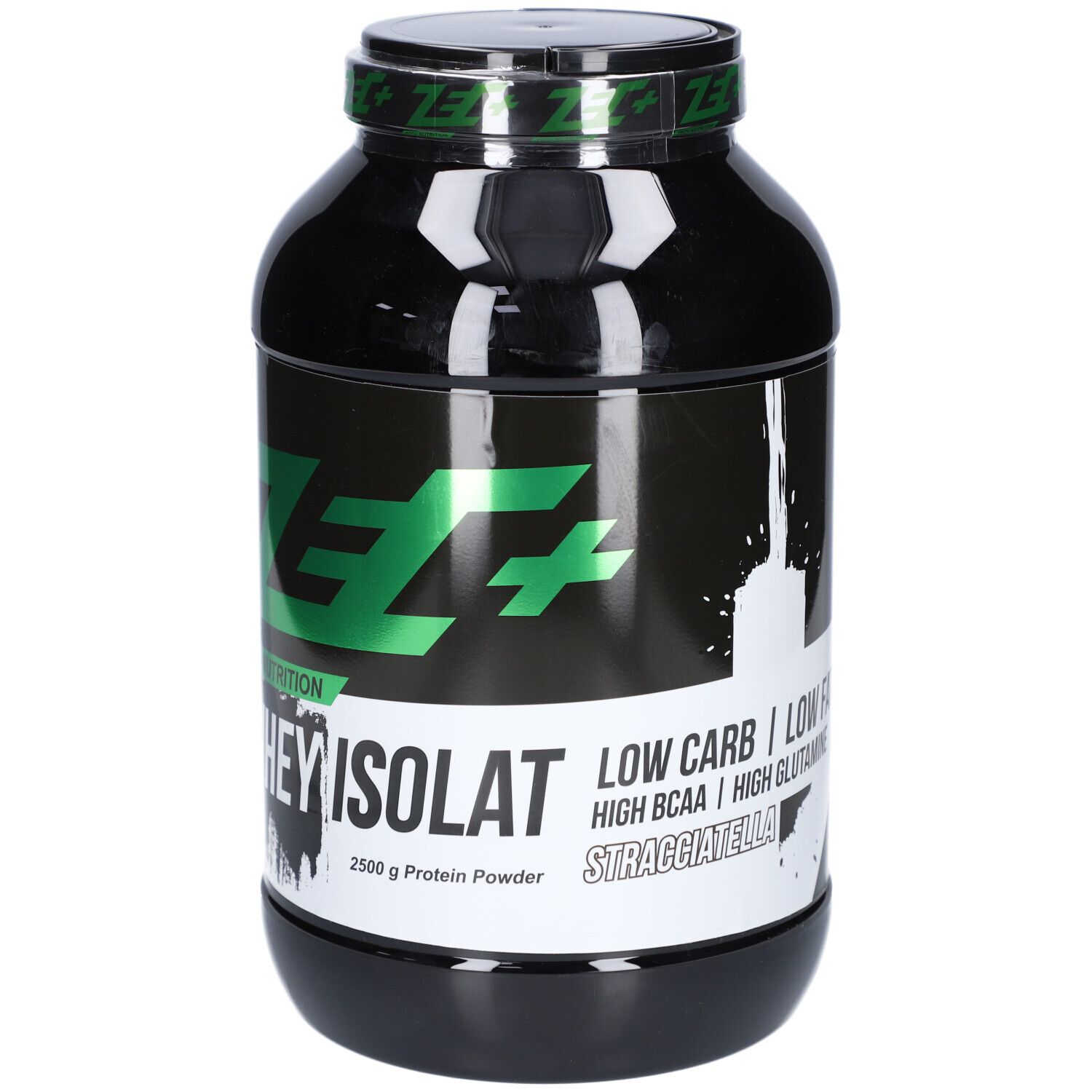 Schwarze Dose mit grünem ZEC+ Logo und Aufschrift Whey Isolat. 2500 g Protein Powder. Stracciatella.