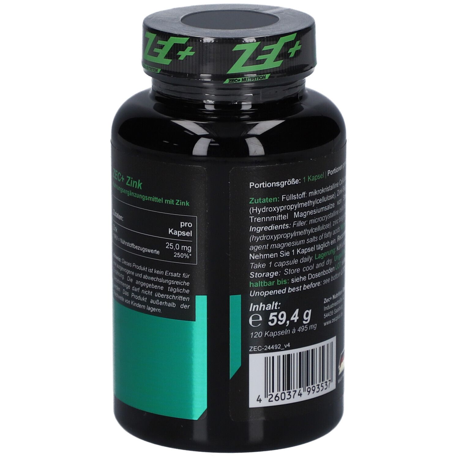 Rückseite der schwarzen Flasche mit Inhaltsangaben und Herstellerinformationen. 120 Kapseln, 59,4g.