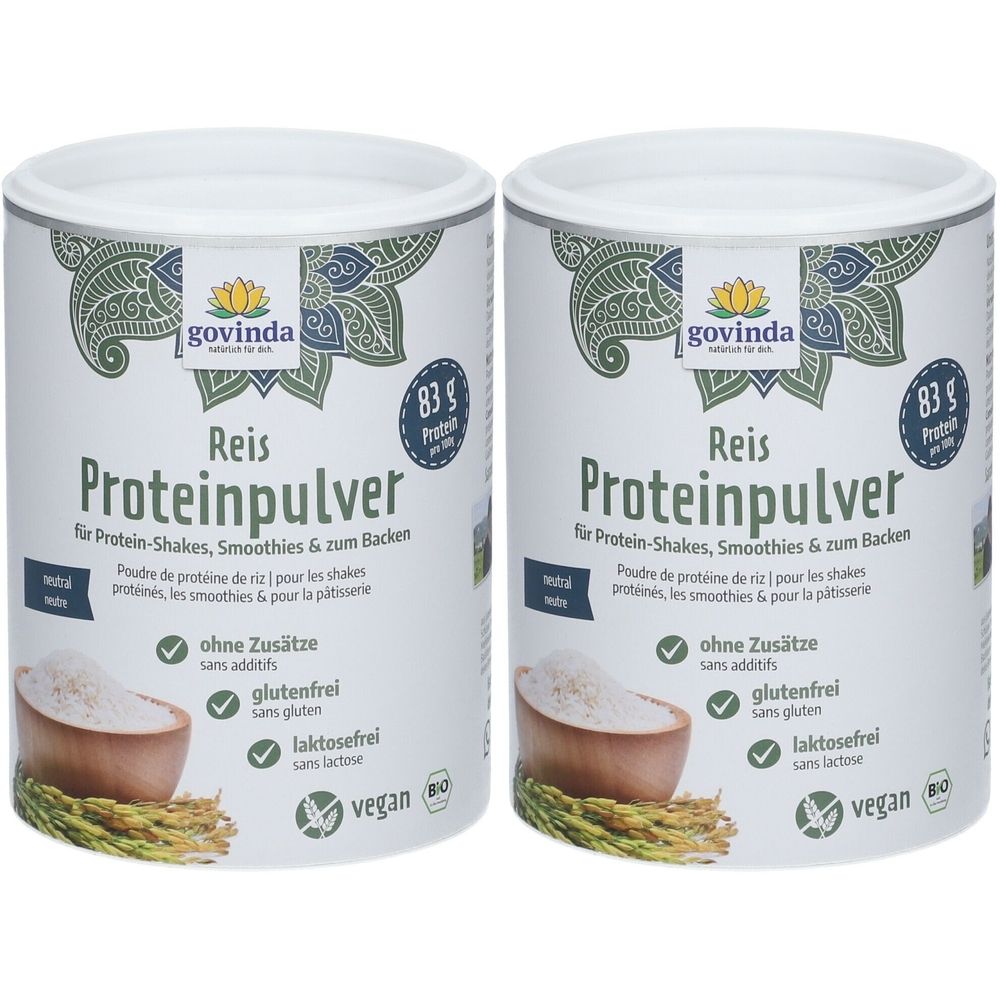 Zwei Dosen Govinda Reis-Proteinpulver. Weiße Dosen mit blauer Schrift. Text: Reis Proteinpulver, ohne Zusätze, glutenfrei, laktosefrei, vegan.