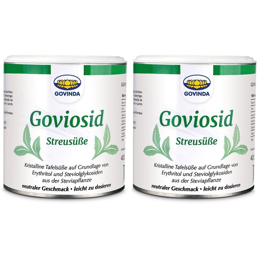 Zwei Dosen Govinda Goviosid Streusüße. Weiße Dosen mit grünem Deckel und Schriftzug. Aufschrift: Goviosid Streusüße, kristalline Tafelsüße.