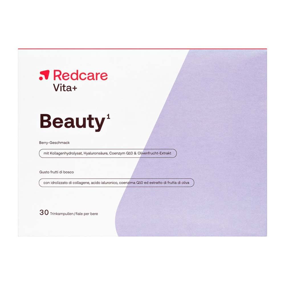 Eine Packung Redcare Vita+ Beauty. Auf der Packung steht Beauty. 30 Trinkampullen pro Packung.