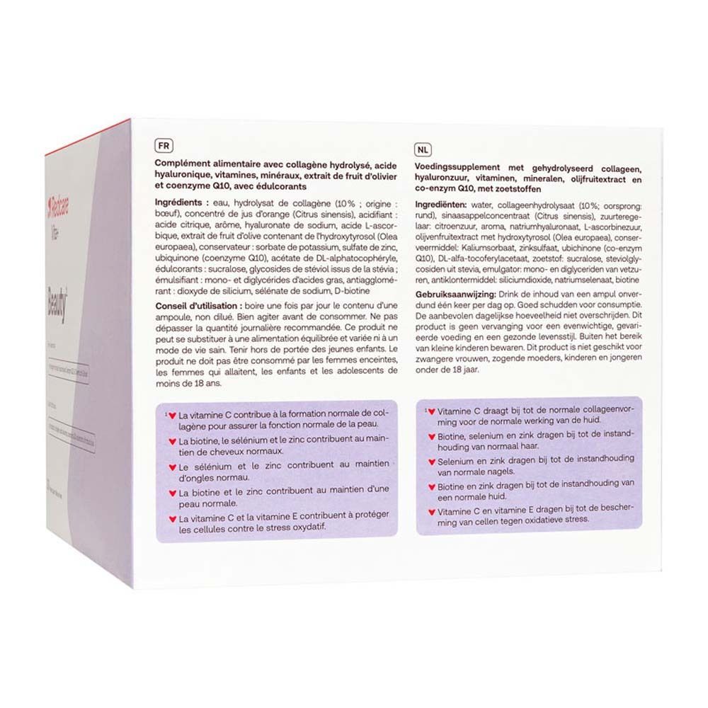 Rückseite der Redcare Vita+ Beauty Packung. Informationen in Deutsch und Italienisch. Inhaltsstoffe und Anwendungshinweise.