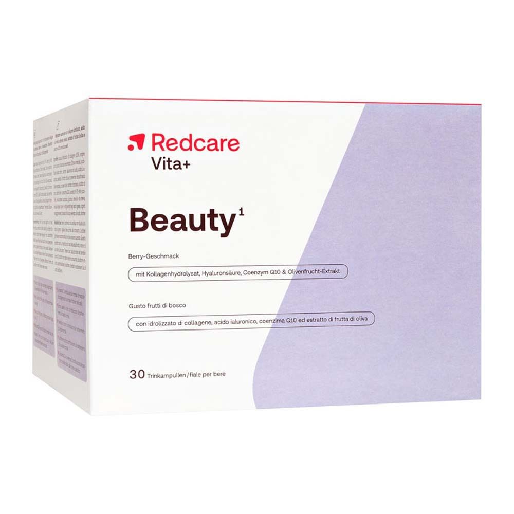 Eine Packung Redcare Vita+ Beauty. Auf der Packung steht Beauty. 30 Trinkampullen pro Packung.