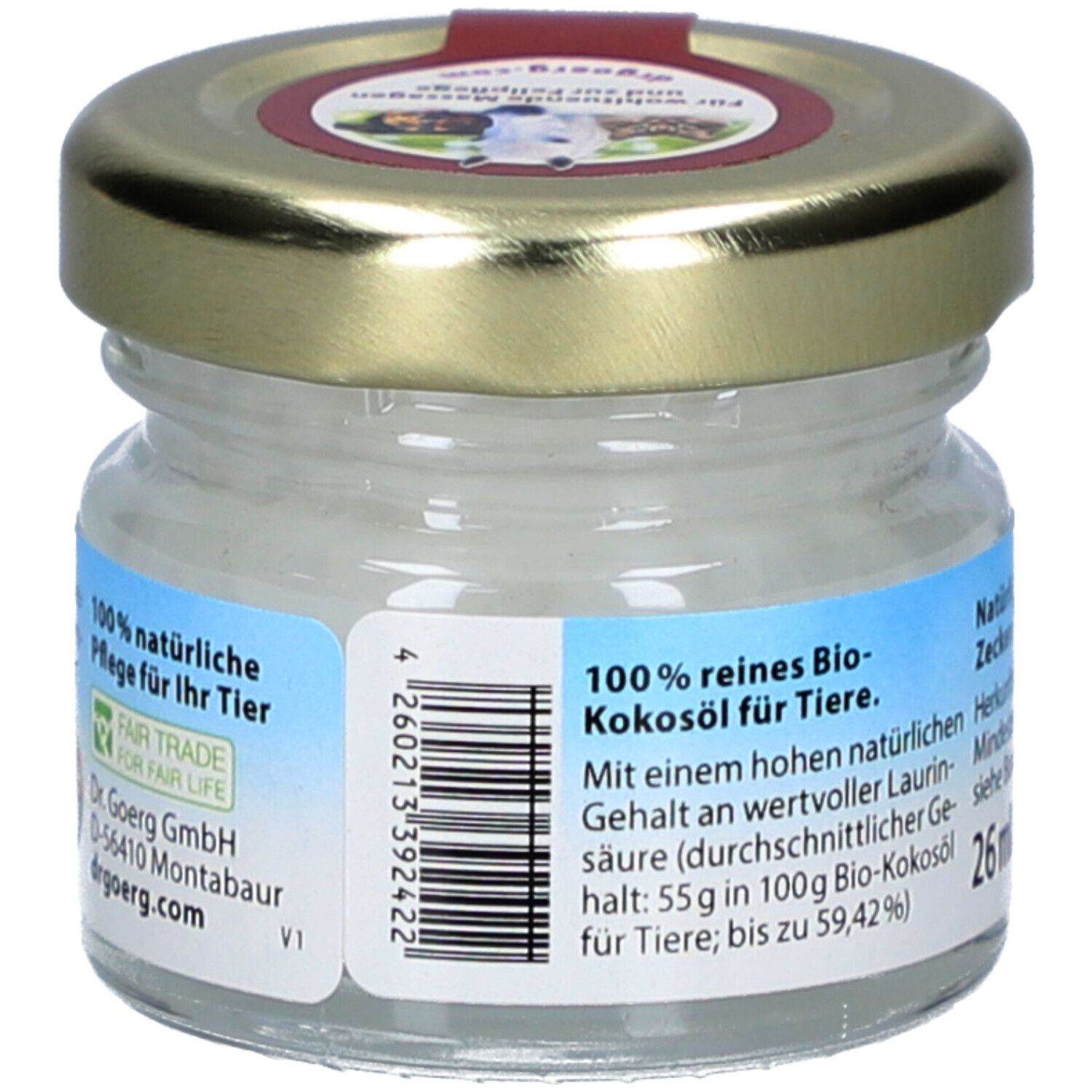 Glas mit Bio-Kokosöl für Tiere. Rückseite mit Text: 100% reines Bio-Kokosöl für Tiere. Fair Trade Siegel. Barcode.